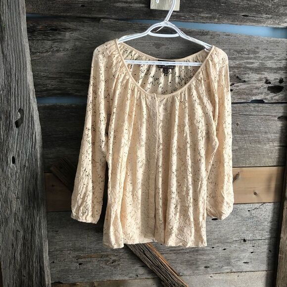 Fenn Wright Manson Plus Size 2X Beige/Tan Lace Overlay button down top - Picture 1 of 5